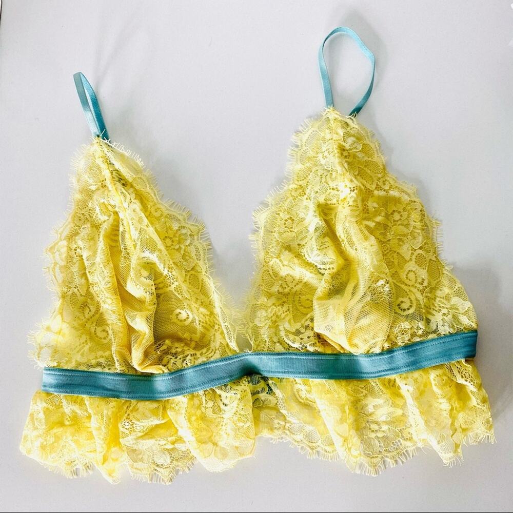 NEW CHELSEA28 Yellow Blue Contrast Lace Longline Triangle Plunge Bralette Bra XL